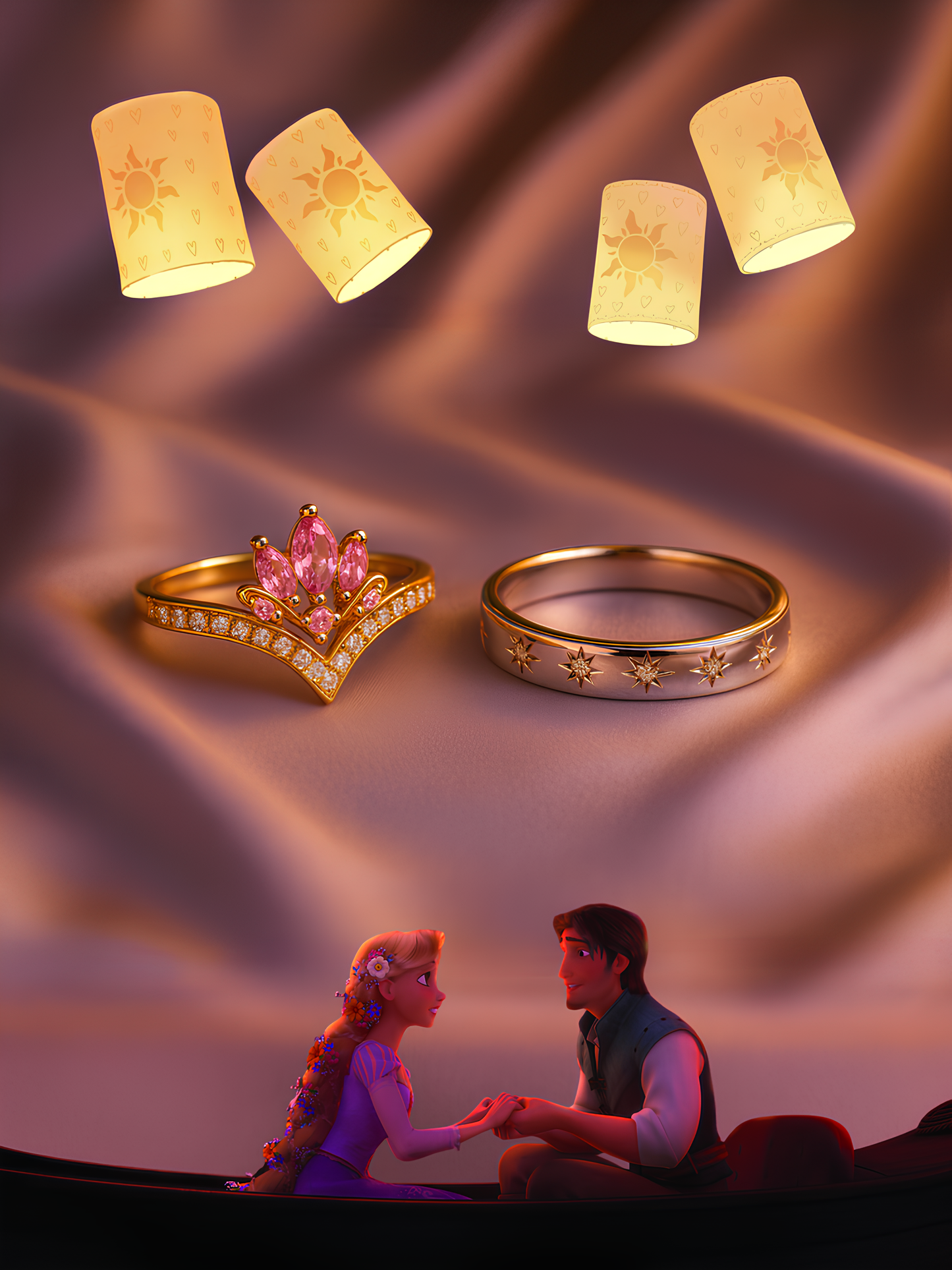Rapunzel & Flynn Crown and Sun Couple Rings