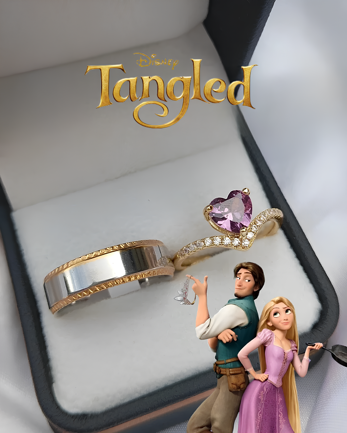 Rapunzel & Flynn Heart Crown Couple Rings